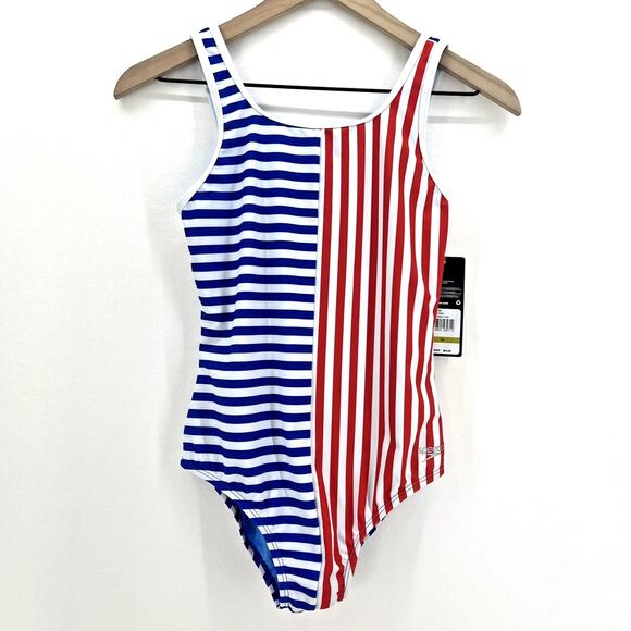Speedo Girls One-Piece Swimsuit Size 14 Red White Blue Striped Patriotic NWT - Picture 1 of 3